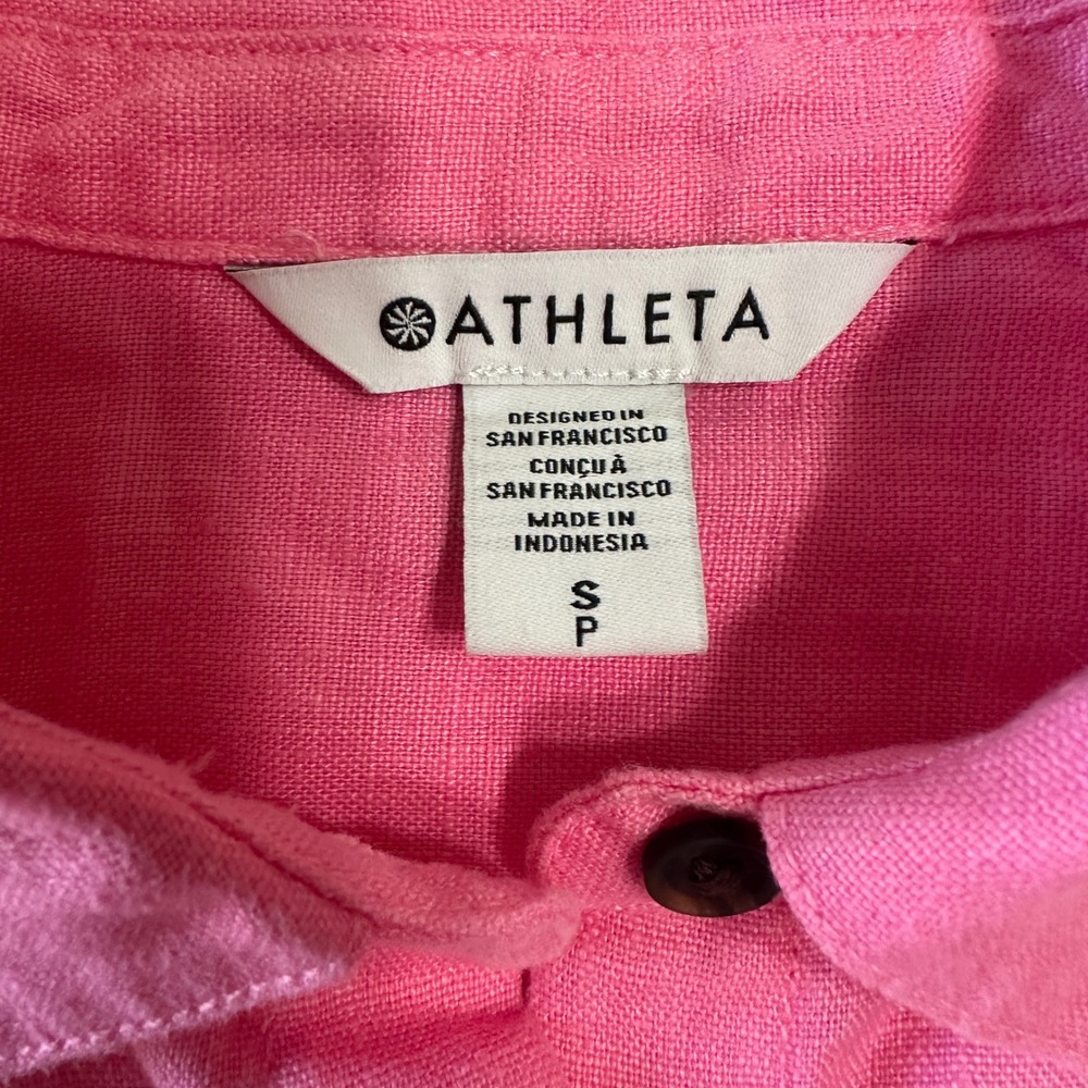 Athleta Retreat 100% Linen Shirt Women Small Pink Short Sleeve Boxy Crop Coastal - Picture 7 of 10
